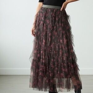 Amber Sky Black Burgundy Floral Tulle Maxi Skirt Tiered Ruffle Whimsigoth Medium